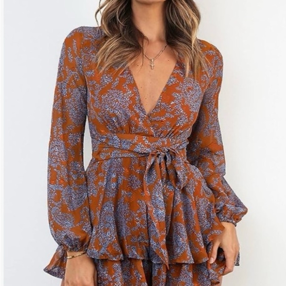 Relipop Pants - Relipop Floral Wrap Dress in Rust and Blue NWOT S length 29”, pit-to-pit 18”